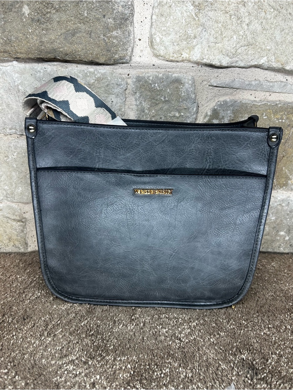 Textured Gray Crossbody with Patterned Strap